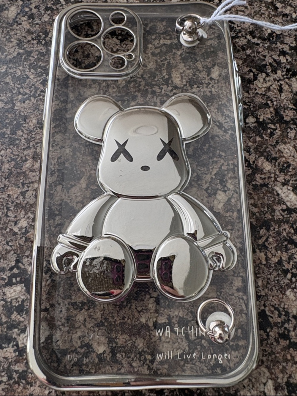Silver Bear Pop-Out Clear Phone Case with Ring Grip